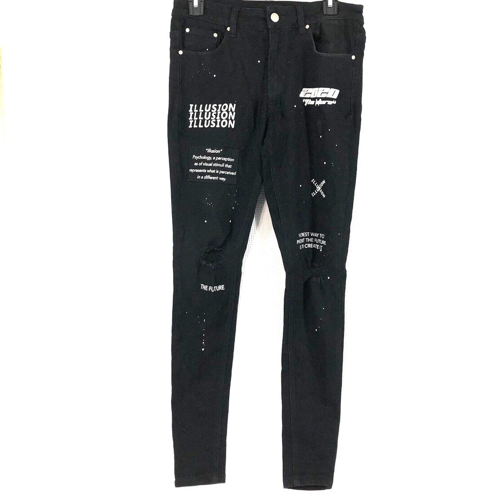 Illusion attire jeans women's 30 black patch grunge‎ skinny lettering 30 x 29